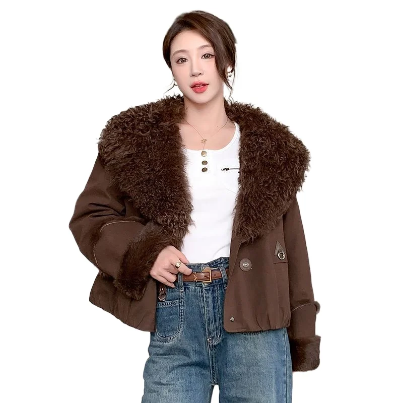 Jaket bulu angsa wanita baru 90% bulu bebek plus bulu kelinci, kerah wol, mantel pendek Haining