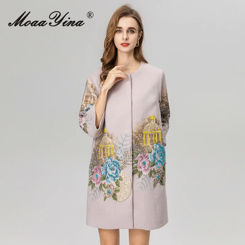 

MoaaYina 2025 autumn/winter women's outerwear fashionable and high-quality round neck long sleeved printed nail bead outerwear