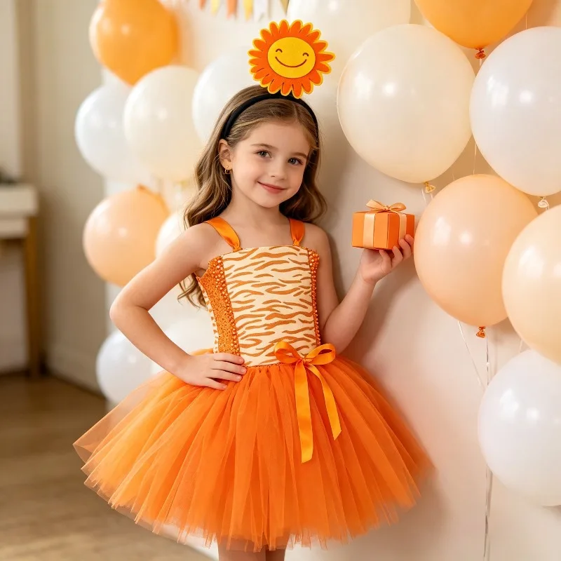 Halloween Girls Orange Sweet Tulle Princess Dress Fluffy Mesh Skirt with Smile Hairband Birthday Stage Performance Daily Outfit