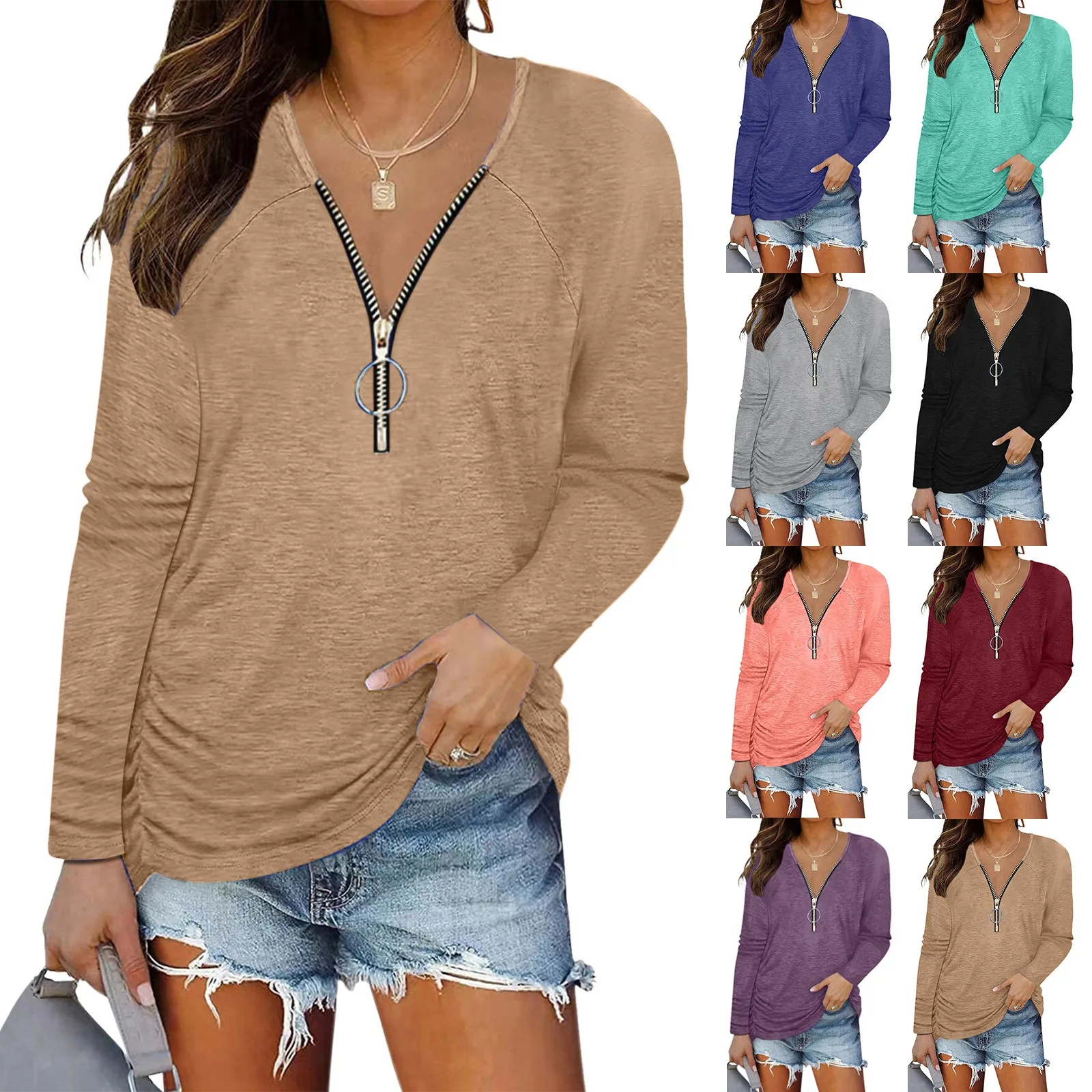 Casual Top Women Fashion Long Sleeve Shirt Ladies Zip V Neck Tunic Zipper Ruched Details Women'S Casual Long-Sleeve Raglan T1