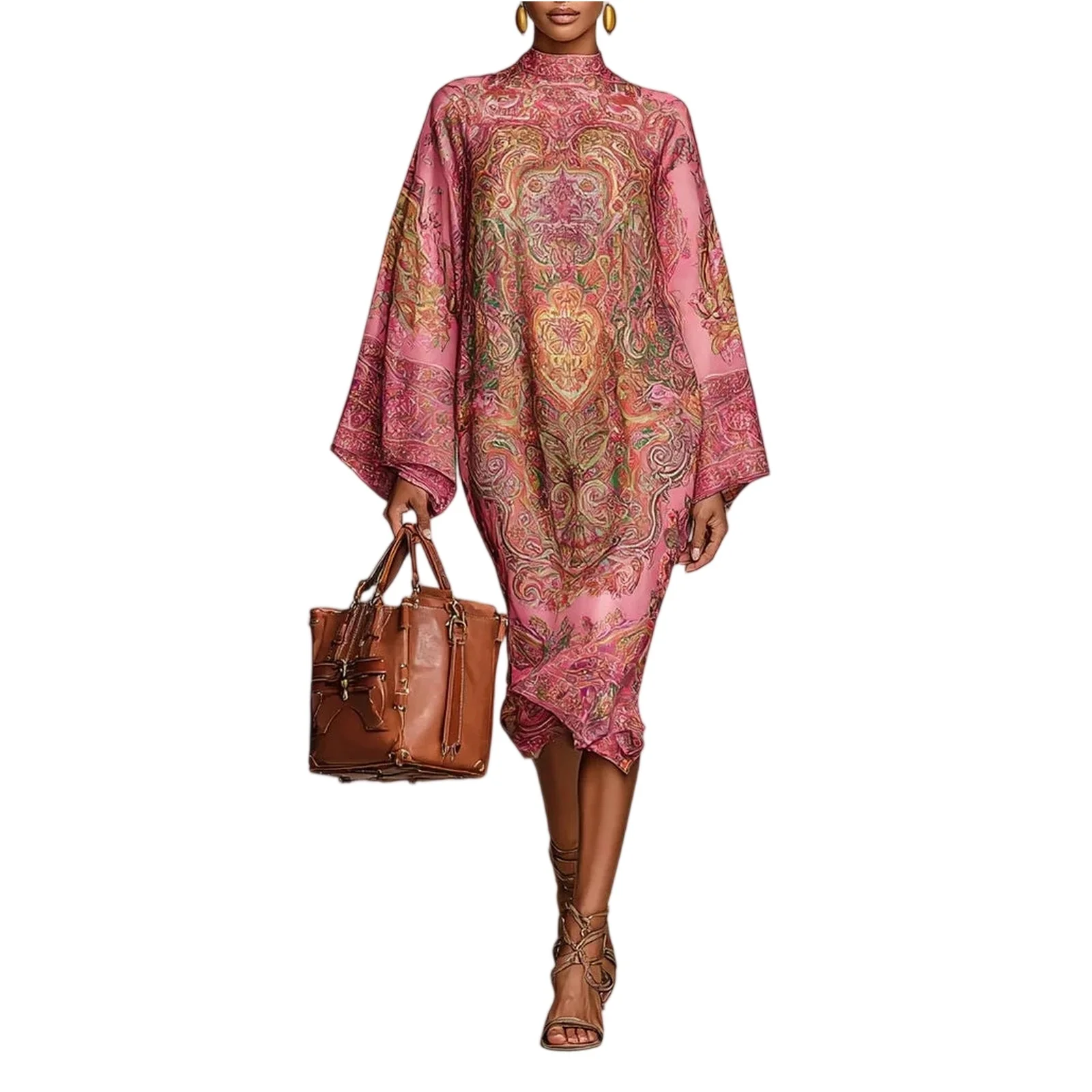 เดรสยาวทรงหลวมสำหรับฤดูใบไม้ผลิและฤดูร้อน แขนยาว พิมพ์ลาย คอกลม สไตล์โบฮีเมียน เหมาะสำหรับงานปาร์ตี้ริมชายหาด แฟชั่นเดรสยาวสำหรับผู้หญิง