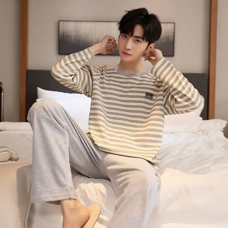 2025 Autumn Plus Size Long Sleeve Cotton Pajamas Sets for Men Korean Casual Striped Sleepwear Pyjamas Male Homewear Home Clothes