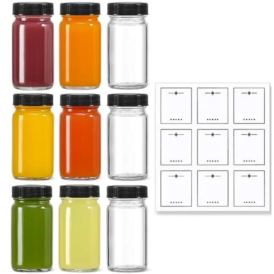 

9 Pack, 2 oz Glass Shot Bottles w/ and 9 Labels - Small Clear Jar for Ginger, Wellness Shot, Juice, Sample, Whiskey - Travel Es