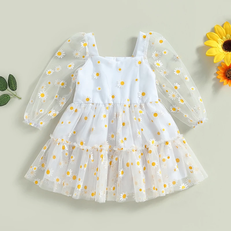 Cute Toddler Baby Girl Princess Dress Elegant Daisy Print Long Sleeves Mesh Tulle Party A-Line Dress for Toddler 3M-3Y