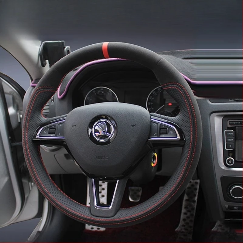 For Skoda Octavia 2017 Fabia 2016 2017 Rapid Spaceback 2016 Superb Hand Stitched Genuine Leather Suede Car Steering Wheel Cover