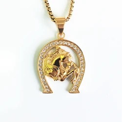 Hip hop Jockey Club Horse Head Pendants Necklaces For Women/Men Gold Color Stainless Steel Horseshoe Iced Out Bling Jewelry