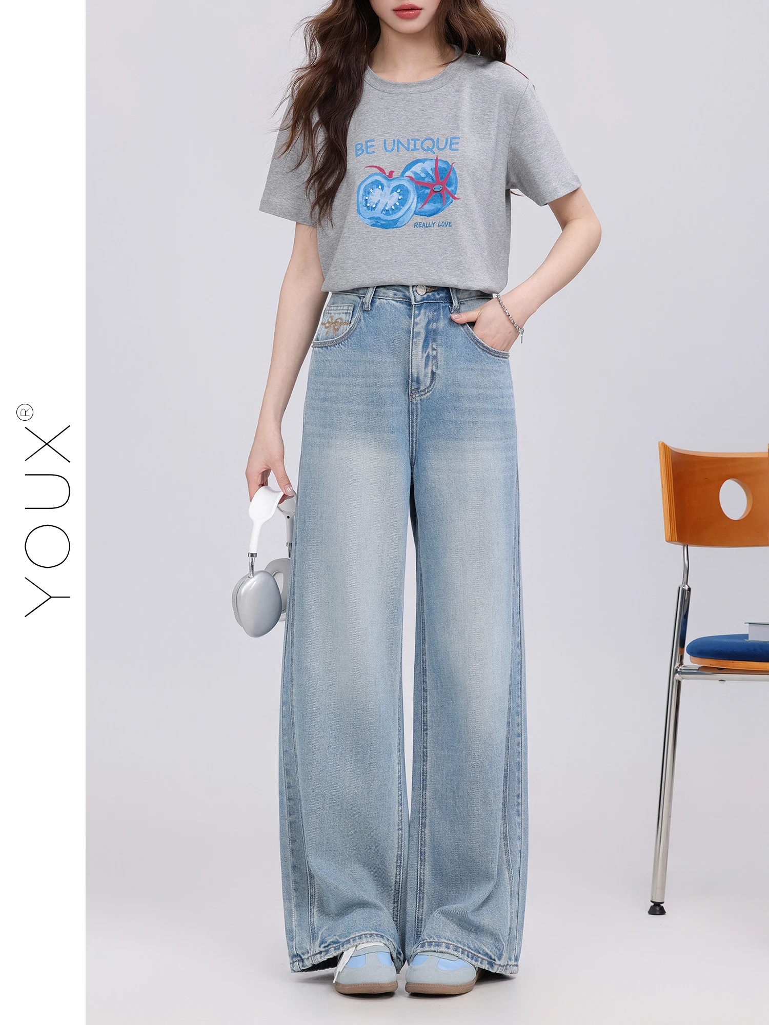 

High Waist Straight Leg Jeans Women's Summer Casual Wear Versatile Light Blue Jeans Comfortable Breathable Denim High Waist
