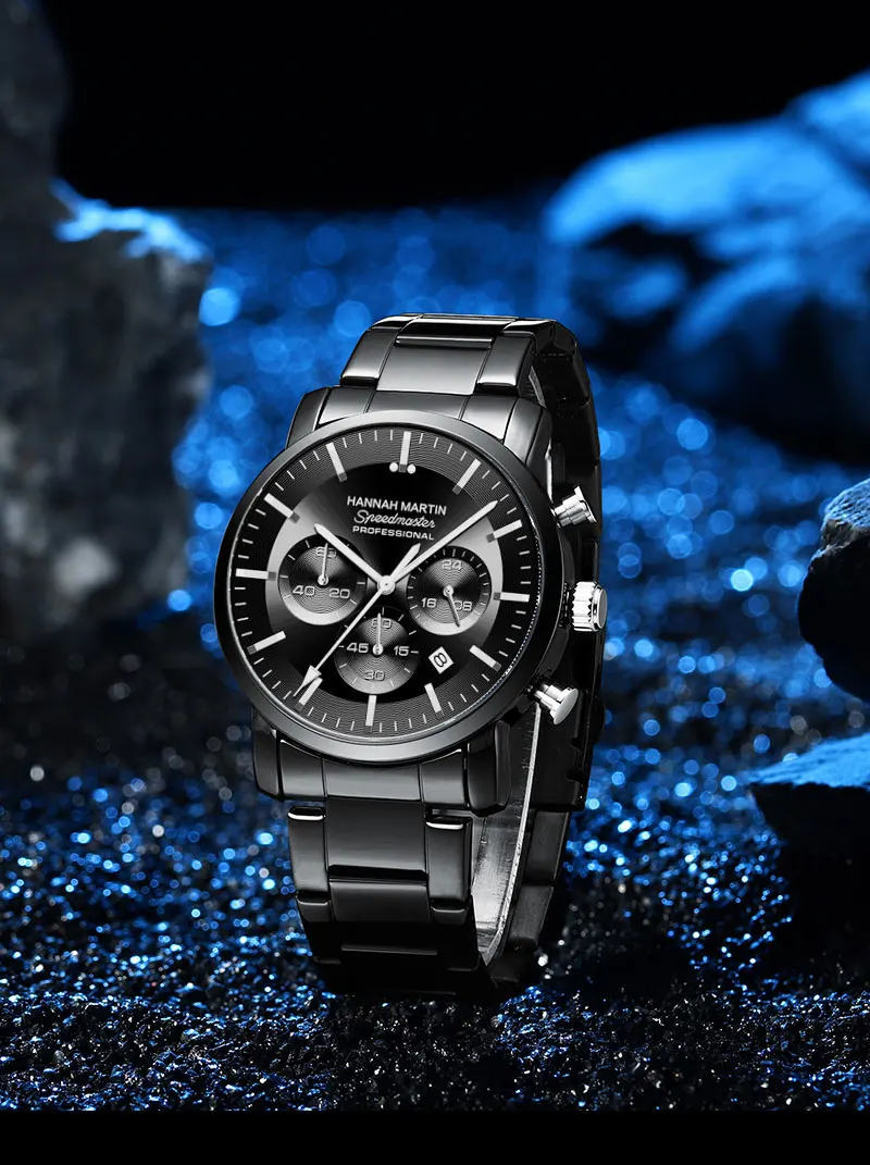 2024 neue multifunktionale Uhr Hannah Martin Marke 46 mm Blau Silber Edelstahl Freizeit Quarz Timing Uhr Kostenloser Versand – Detail 5