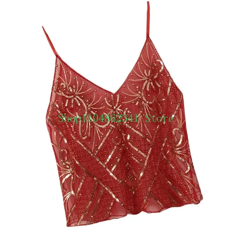 5asd Womens Sparkling Sequins Sheer Mesh Camisole Spaghetti Straps V Neck Crop Top Sleeveless Vest for Cocktails Club