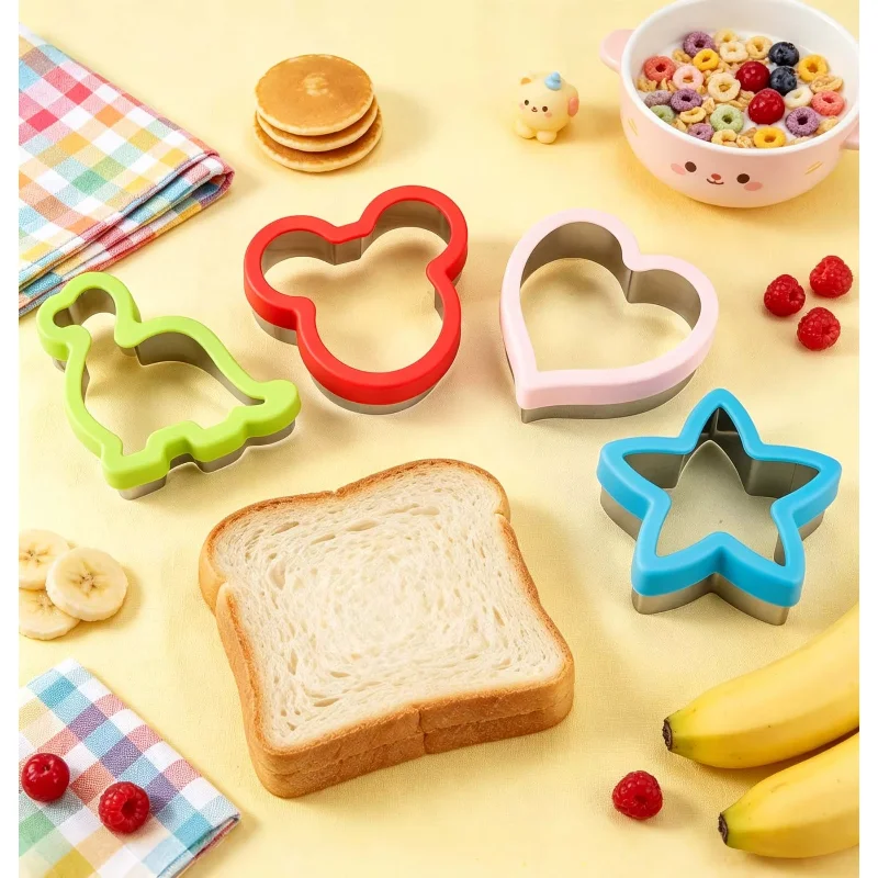 Sandwich Cutter Set Stainless Steel Non-Slip Dinosaur Bear Heart Star Molds for Bread Cookie Kids Holiday Party Home Baking