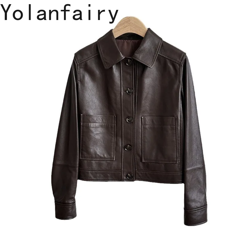 

Куртка YOLANFAIRY из натуральной овчины и кожи для женщин, весна-осень 2026, модная кожаная куртка с лацканами, короткая мотоциклетная куртка