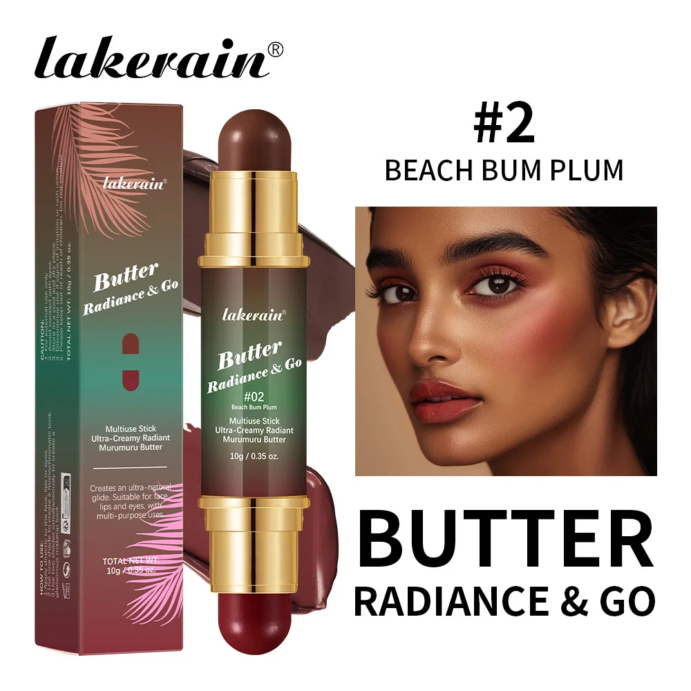 Lakerain Butter Radiance Bastone per trucco viso multiuso Guance Contorno Bastone a doppia testa Durata Labbra setose naturali Occhi 4 in 1