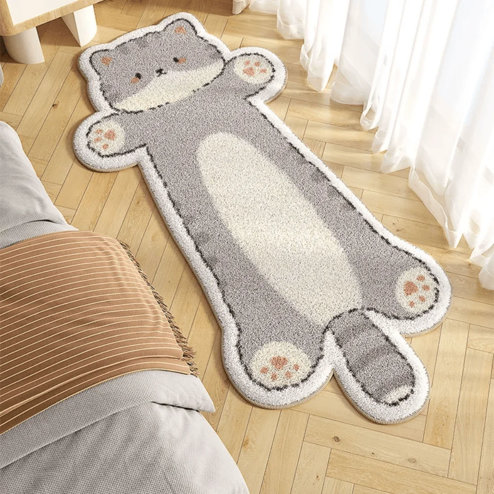 Tapis de chevet épaissi en forme de chat VIKAMA, doux et agréable pour la peau, style nordique, pour chambre à coucher et salon, adorable décoration d'intérieur