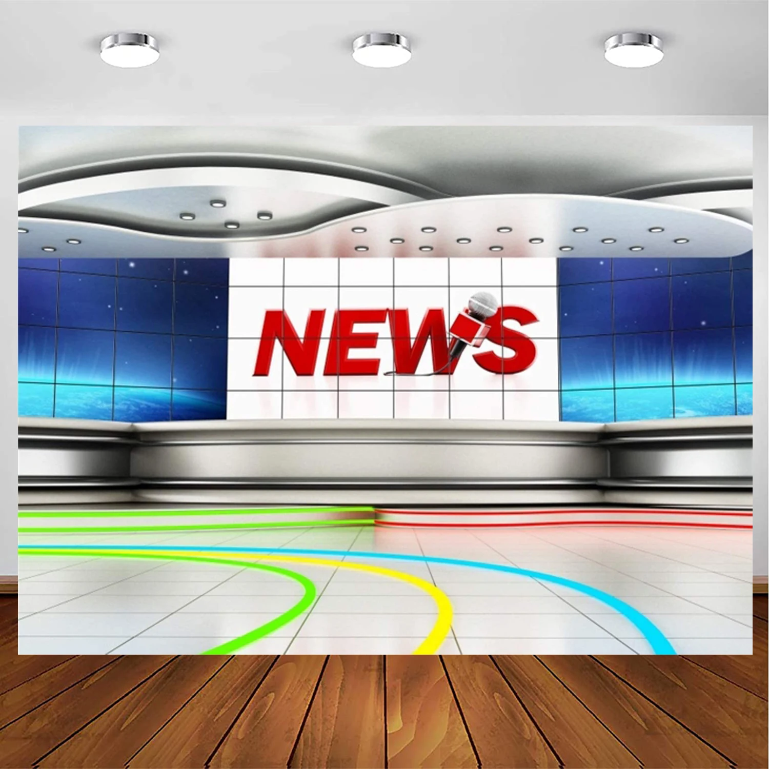 

News Room Photography Backdrop Microphone Colorful Stripes Broadcasting Room Stage Television Compere Background TV Station