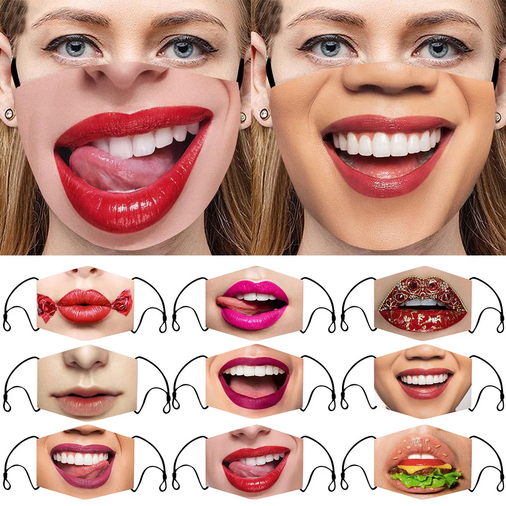 Adult Women Big Mouth Funny Face Mask Odorless And Irritation-Free Comfortable Mask Reusable Washable Breathable Smile Mask