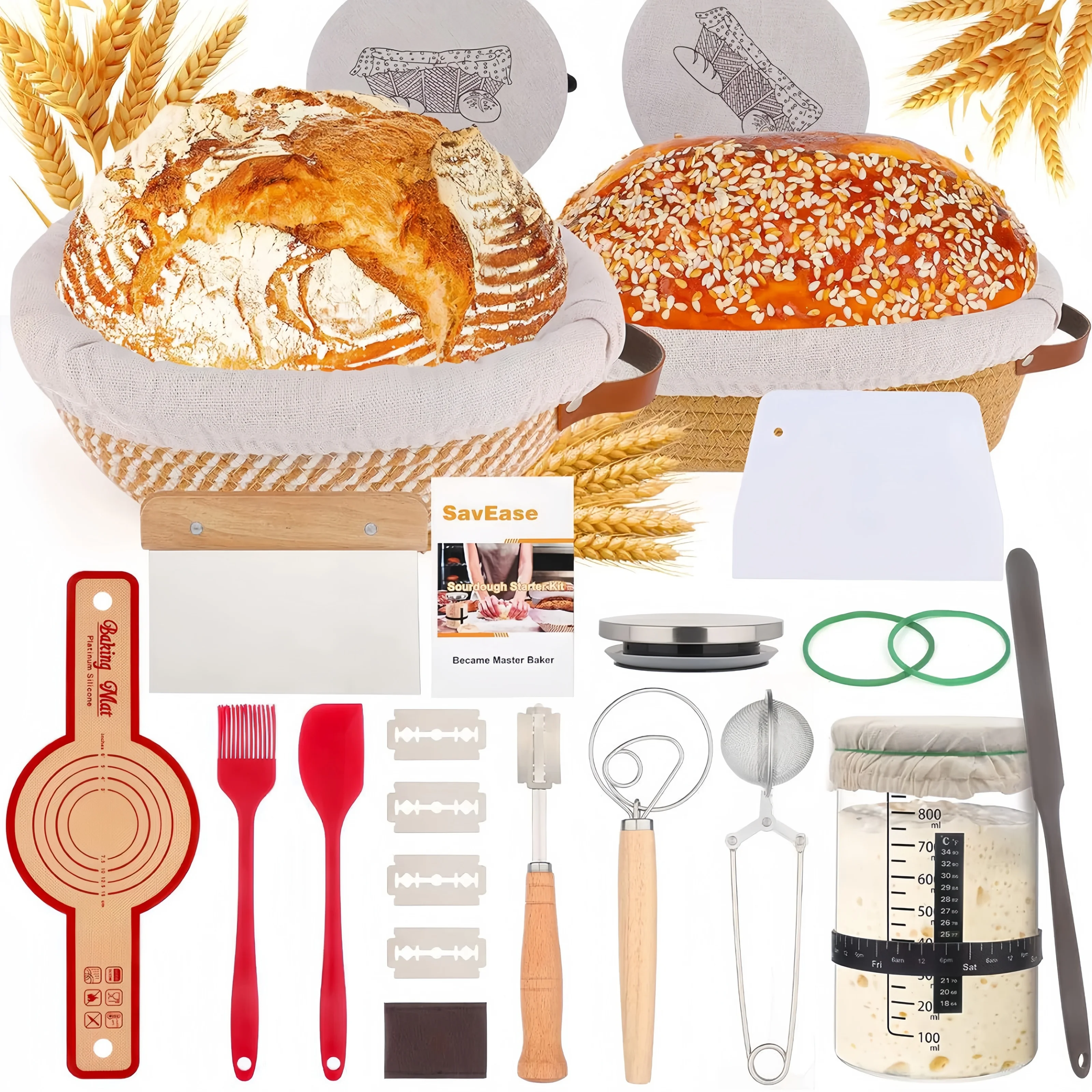 Kit de Suministros para Hornear Pan de Levadura, 2 Cestas de Fermentación Banneton con Forro de Lino, Juego Completo de Herramientas para Hacer Pan con Doug