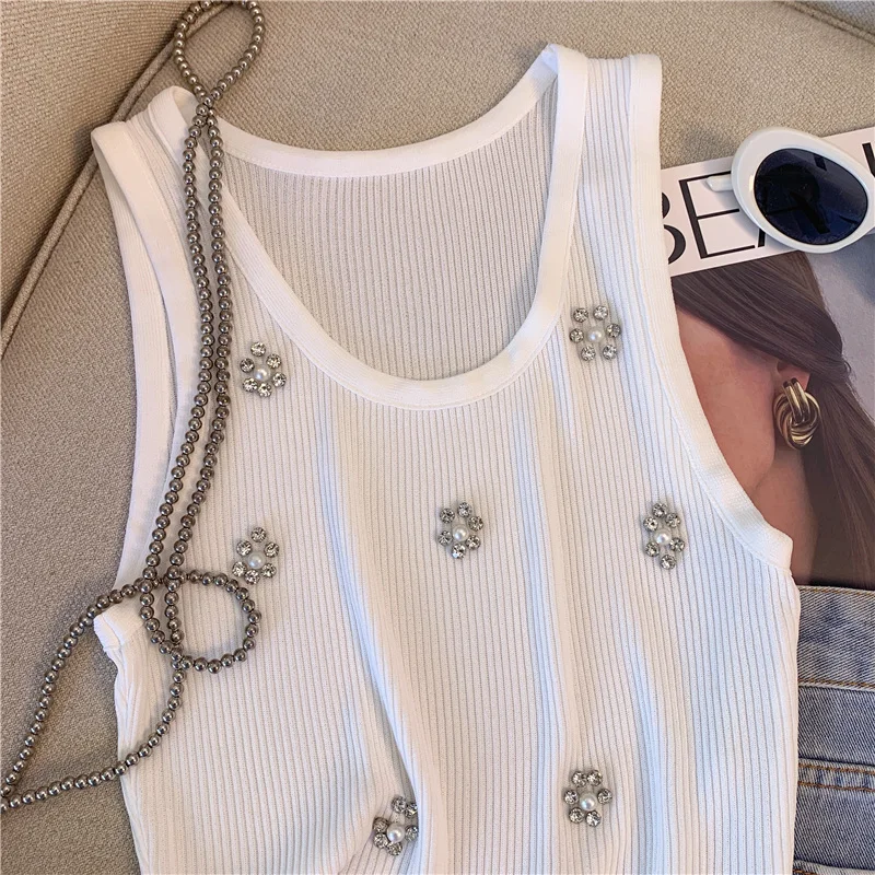 Black New Rhinestone Knitted Tank Top White Crew Neck Sleeveless Tank Top For Summer Women's Clothing Crop Top Camis