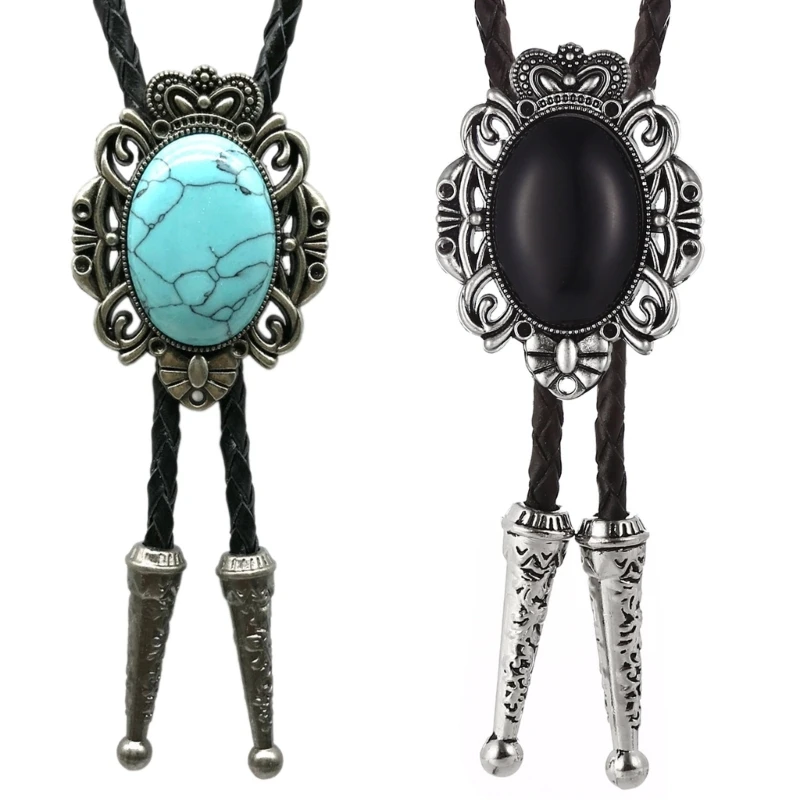 

Bolo Tie Necktie Artificial Leather Braided Rope Necklace with Metal Flower Stone Jewelry Cowboy Vintage Neckwear