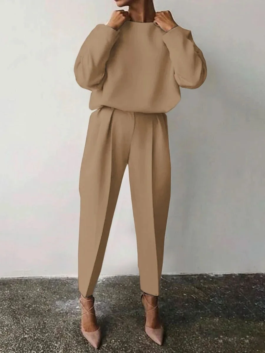 

Elegant Round Neck Long Sleeved Loose Top Nine Point Pants Two Piece Set 2024 Autumn Fashion New Casual Solid Suit For Women