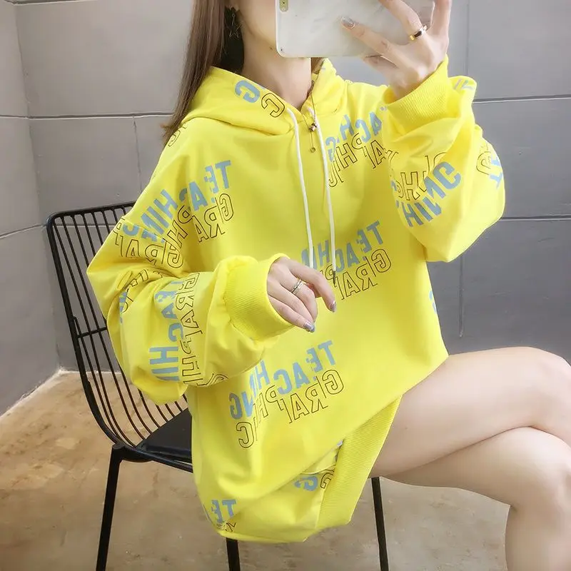 

Yellow Baggy Woman Tops Long Hoodies Spring and Autumn Graphic Loose Hooded Sweatshirt for Women New in Harajuku Fashion Cotton