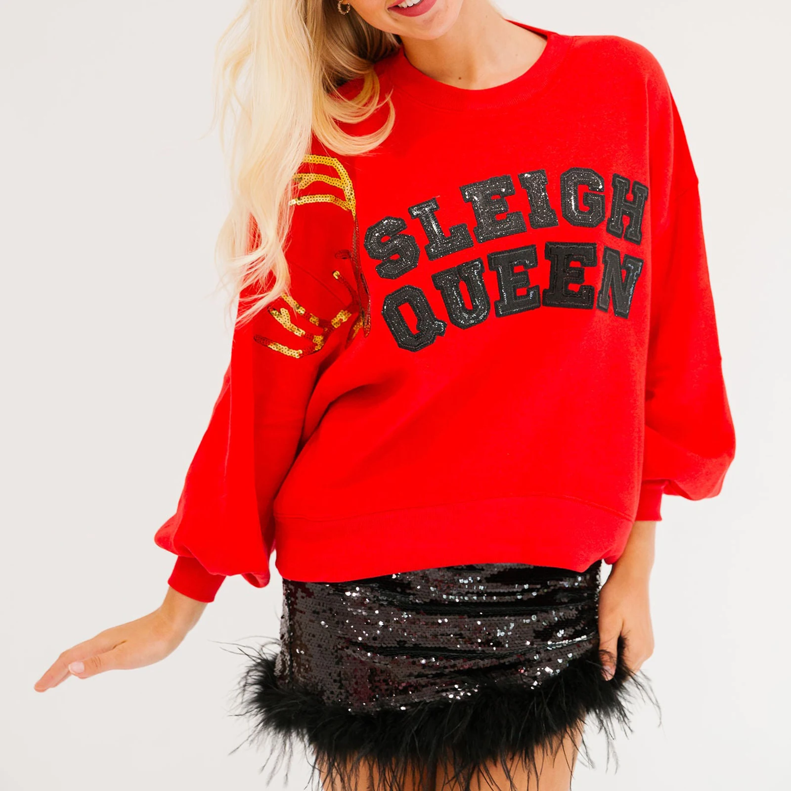 

Рождественский женский свободный пуловер с блестками и блестящими стразами, толстовка с круглым вырезом и длинными рукавами с буквенным принтом