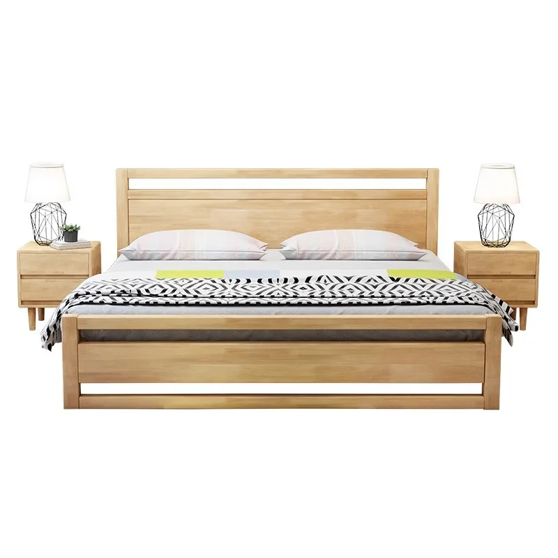 Scandinavisch volledig massief houten bed, modern eenvoudig houtblok 1,8 meter 1,5 dubbel zacht, door pneumatische hoge opbergkast