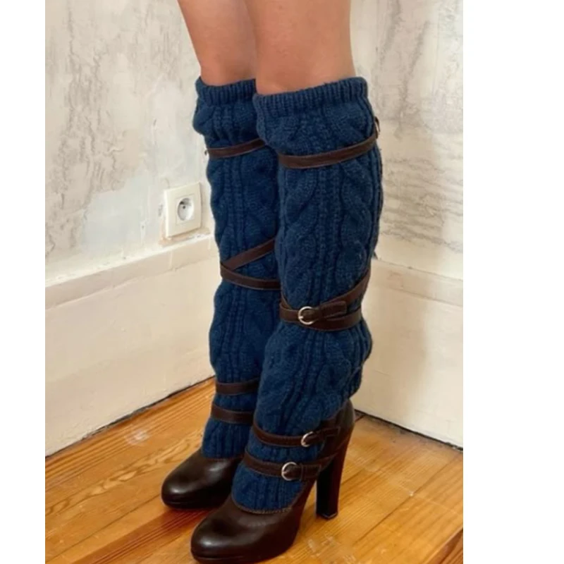 

Black Belt Buckle Thick Heel Knee-High Boots Woman Winter 2026 Elastic Square Toe Side Zipper Square Heel Boots for Women