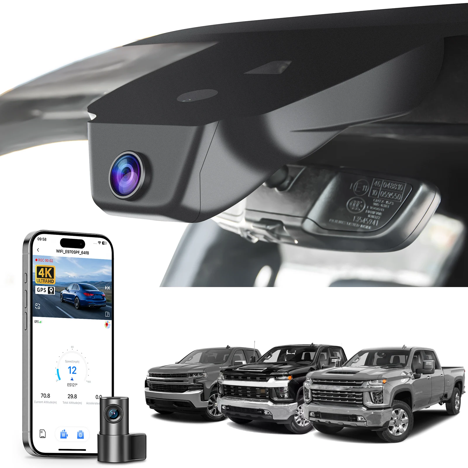 Mangoal Dash Cam 4K For Chevy Silverado1500 2022-2025 2500 HD/3500 HD 2024-2025 (Model C) Night Vision WiFi App Car Recorder
