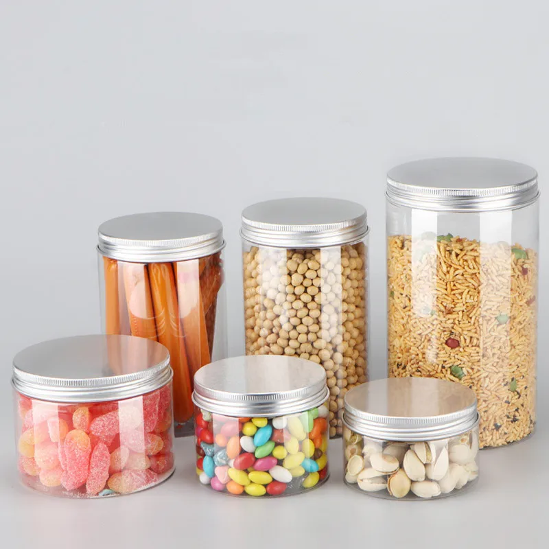

Wholesale 10/30/50pcs Empty Plastic Clear Cosmetic Jars PET Food Jar Makeup Container With Silver aluminum lid Seal Food Cans