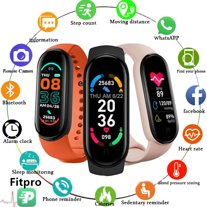 Reloj inteligente M6 para hombre y mujer, pulsera deportiva de fitness, monitoreo de frecuencia cardíaca y presión arterial, resistente al agua, multifunción