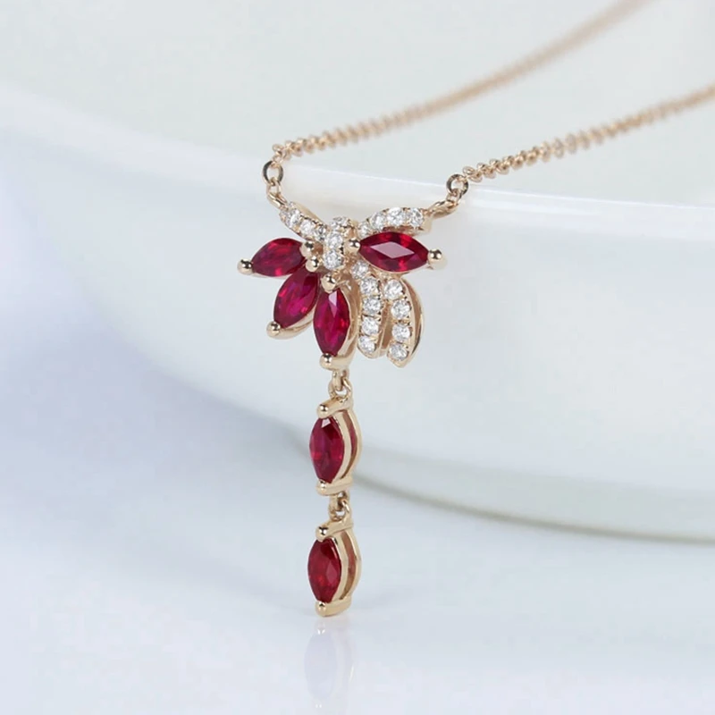 HELON Solid 18k Rose Gold Genuine Ruby Pendant Necklace Gemstone Diamond Necklace Trendy Classic Lock Chain Charm Gift Jewelry