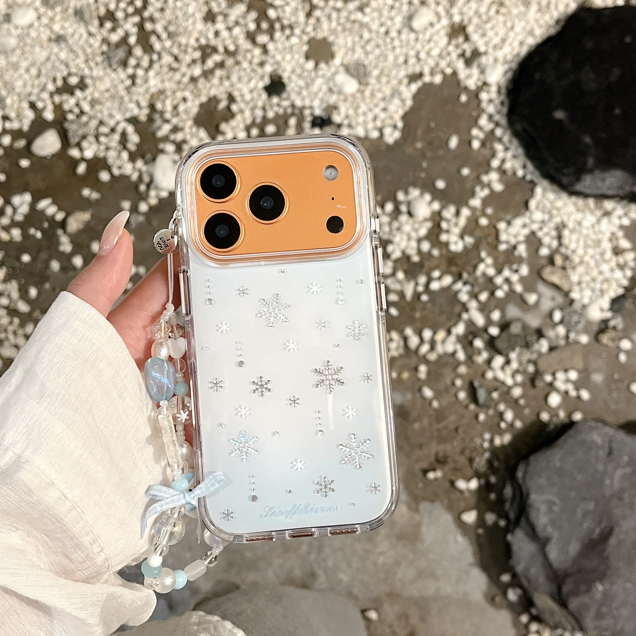 

Back Cover For IPhone 13 14 15 16 Pro Max 17 Pro Case IMD Glitter Snowflake Bracelet Wristband Chain Shockproof Phone Case