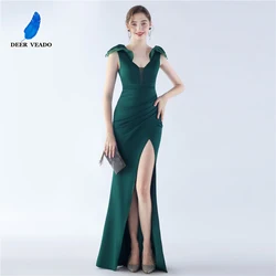 DEERVEADO Mermaid V Neck Slit Soft Satin Evening Dress Long for Woman Cap Sleeves Party Maxi Dress Formal Dress Prom Gown