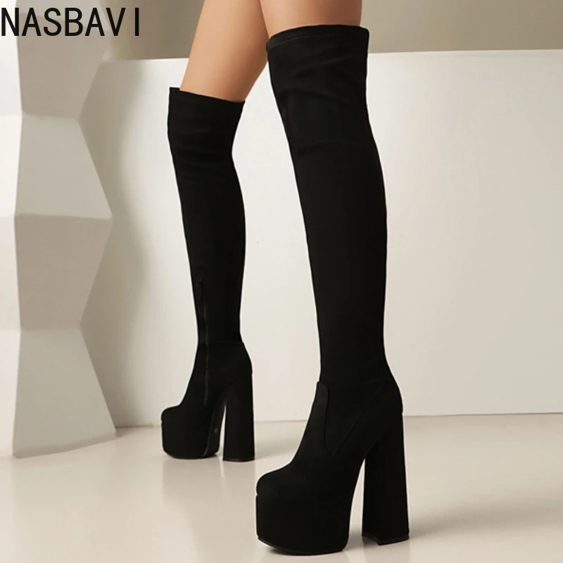 

Elastic Thigh High Boots For Women Platform Autumn Winter Over the Knee Boot Sexy Heels Block Fetish Shoes Female Large Size