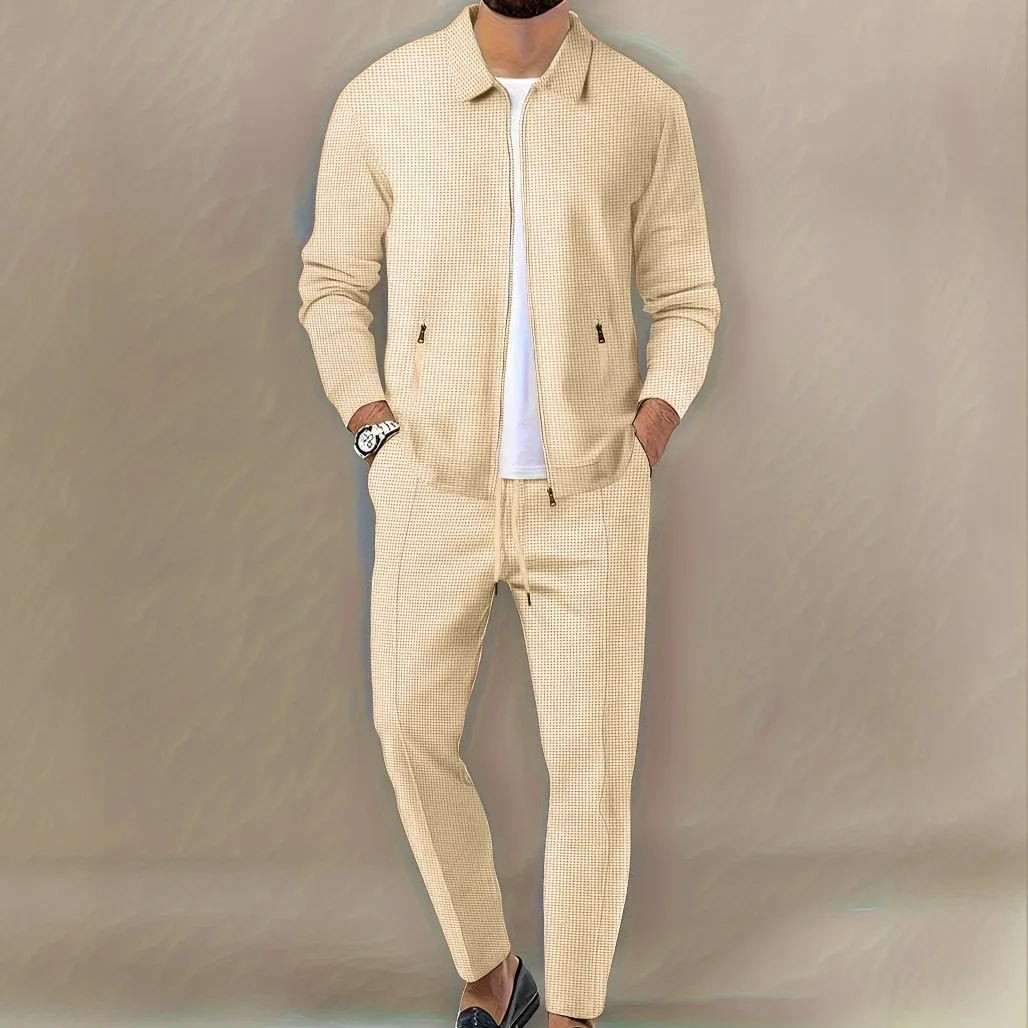 

2025 New Men's Fashioned Waffle-Strap Casual Sport Coat Jacket + Pants with Collar 2-Piece Set in European Size