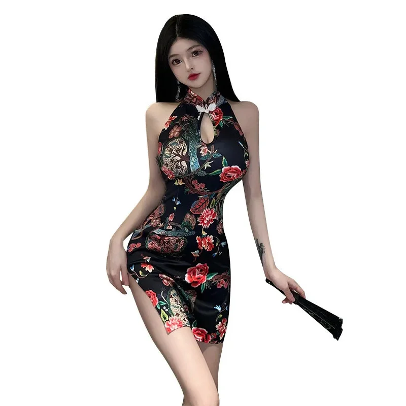 Sexy fun advanced sense split senza maniche stampato cheongsam stretto discoteca uniforme tentazione puro fascino atmosfera vestito