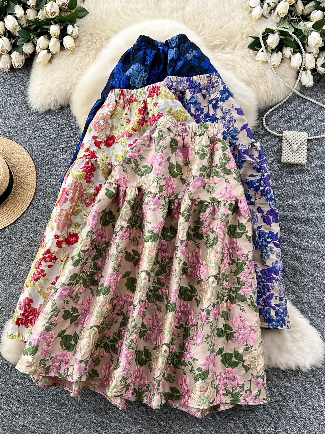 Elegant Gold Embossed Floral Half Skirt High Waist A-Line Puffy Midi Skirt for Women Commute Korean Style Standard Fit