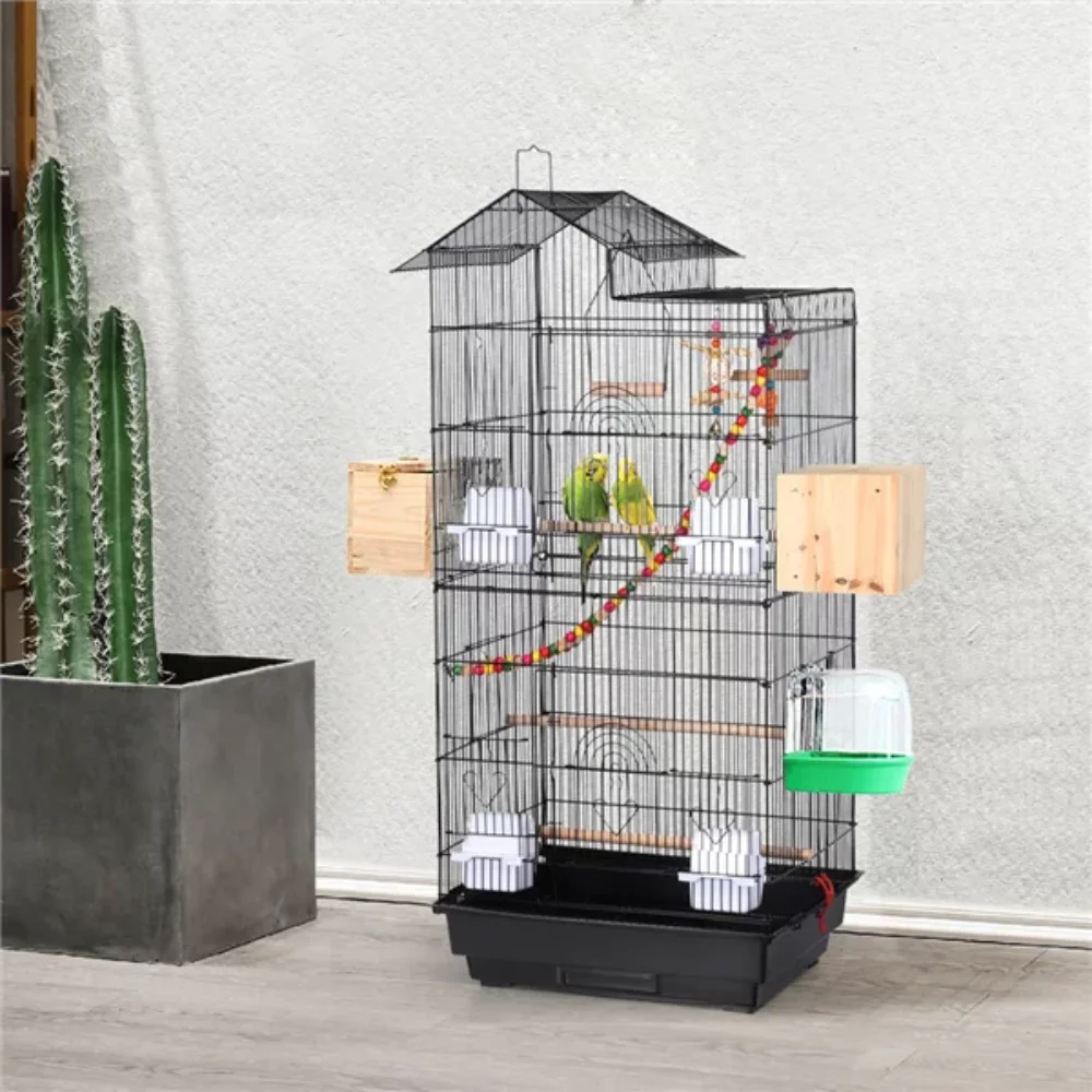 

39" Metal Bird Cage with Perches and Toys, Black Accessories