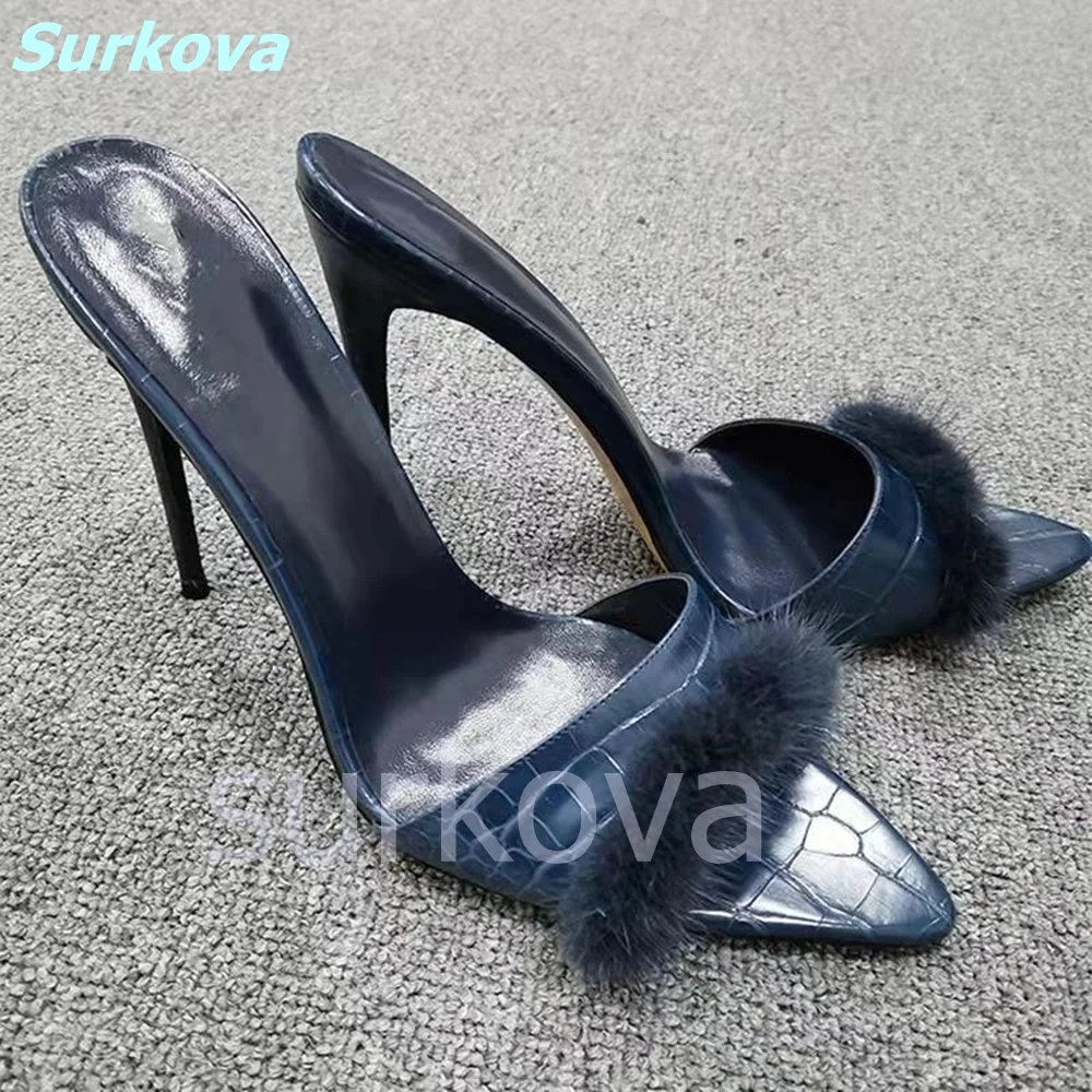 

Rabbit Fur Slippers 2024 Summer Hottest Pointed Toe Thin High Heels Sexy Women Shoes Fashion Comfortable Outside Lady Slippers