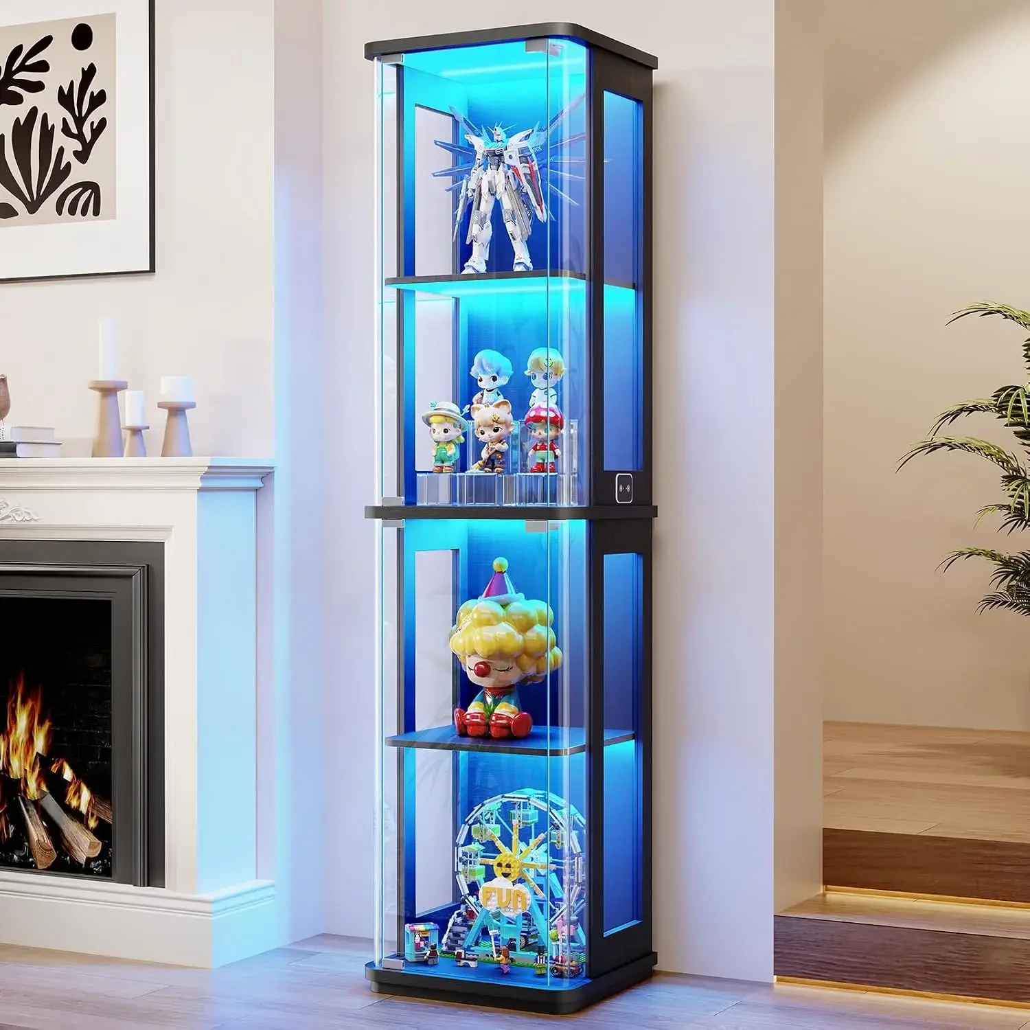 Small Rounded Display Cabinet with Glass Door, for Collectibles | 4-Tier Curio Cabinet with 3 Color Lights, Glass Display Case