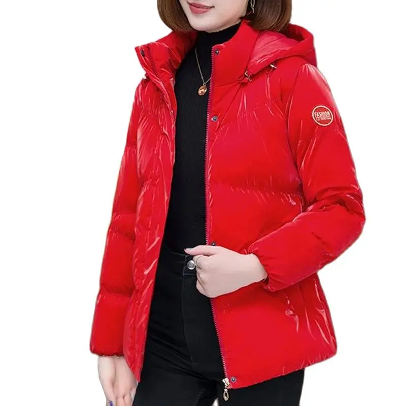 Winter Sports Hooded Women's Down Cotton-Padded Jacket New Korean Version Leisure Solid Color Glossy Avoid Wash Ladies Coat