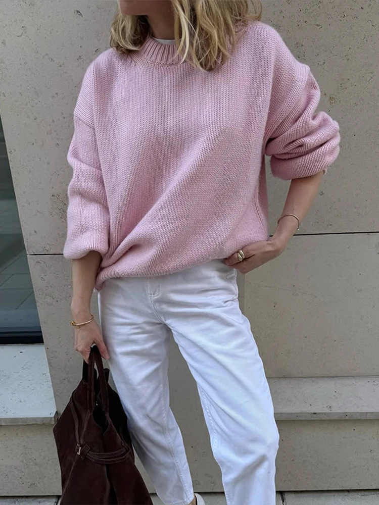 

Women Pink Knitted Short Loose Sweater Casual Round Neck Long Sleeved Warm Top Ladies 2025 New Autumn Commute Daily Street Wear