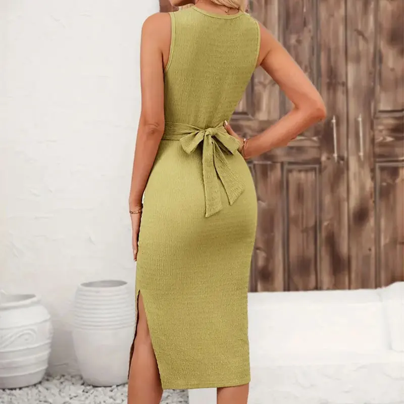 Damen Bodycon Kleid Sommer elegante Slim Fit Taille Bleistift O-Ausschnitt Tank Kleid grün ärmellose sexy Schlitz Midi Kleider für Frauen