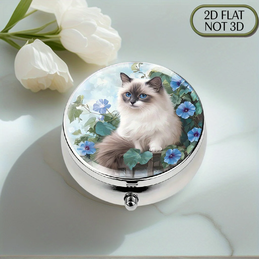 Single-piece flat portable round metal pill box, designed with a vintage ragdoll cat and morning glory flower pattern, suitable for storing vitamin supplements and valuables, making it a great gift for Father's Day or the upcoming summer season. Flat design
