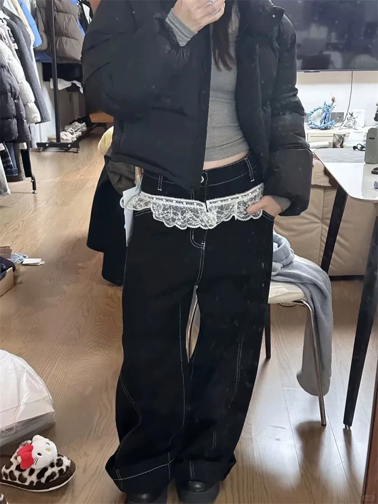 Designed Lace Trim Patchwork Black Jeans for Women New Autumn High End Vintage Loose Straight Leg Trousers
