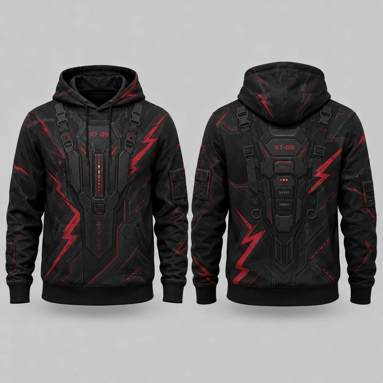 Cyberpunk Hoodie Men Red Black 3D Sublimation Print Flat Graphic Pullover Sweatshirt Casual Streetwear
