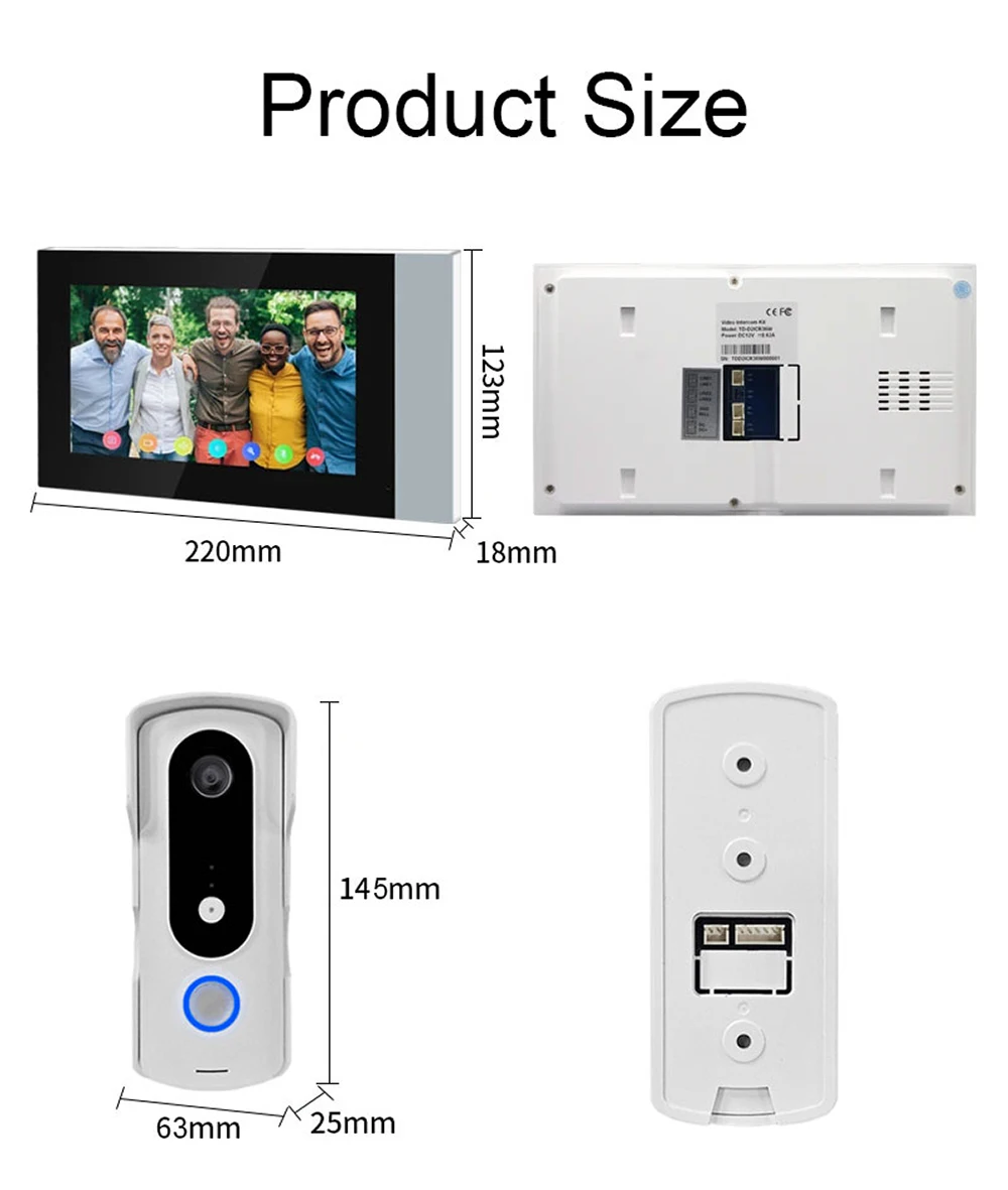 2 Wire Smart Home Tuya Wifi 1080P Video Intercom Video Door Phone 7'' Color Touch Screen Camera Doorbell Door Security System