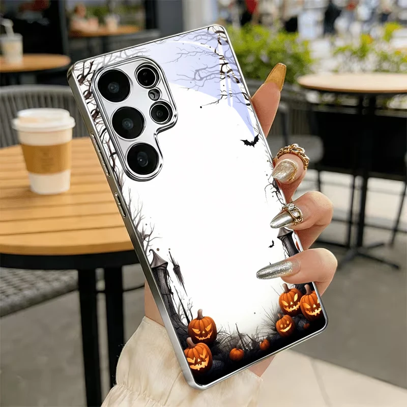 Bat Withered Tree Electroplat Silver Phone Case For Samsung S24 Ultra S21 S22 FE S23 Plus S20FE S25 S26 Note 10 20 Glass Cover