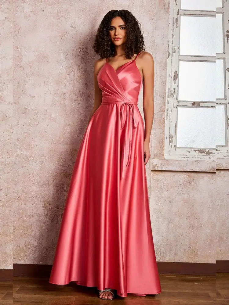 Pleated V-neck Satin Maxi Dresses With Pockets