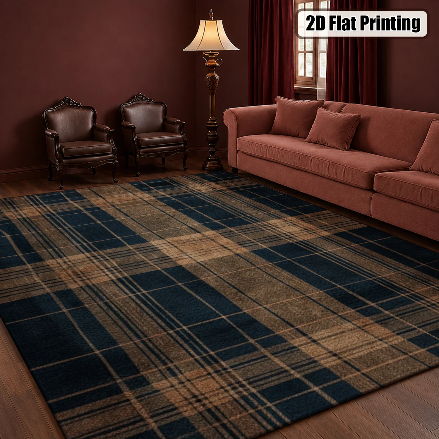 Large Indoor Area Rug, Soft Velvet Low Pile Non-slip Dotted Backing, Machine Washable Vintage Plaid Floor Rug for Living Room, Bedroom, Entryway – Navy & Tan Checkered Decor Rug - view 5